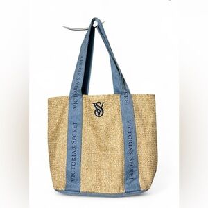 Victoria's Secret Straw Tote with Navy & Denim blue Logo Handles